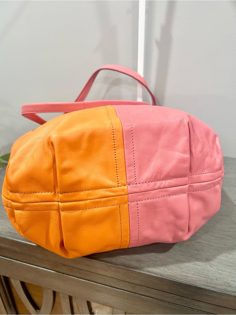 Coach Bea Tote in colorblock taffy pink and orange design. - Picture 5 of 8